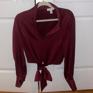 Top shop button-up satin maroon shirt with adjustable tie at the bottom